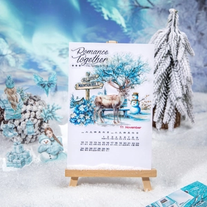 Calendario di novembre a tema invernale con supporto in legno e illustrazioni neve