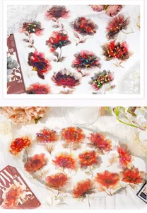 Detail of vintage floral PET stickers with laser finish on lace and magazine background
