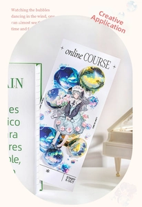 Detailed PET sticker with anime girl and colorful nebula bubbles for DIY journals