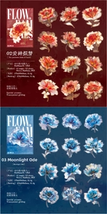 Detail of PET floral stickers with cold foil finish showing red and blue themes