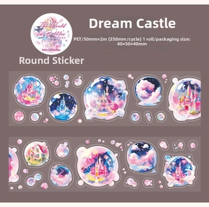 Detail view of Dreamy Castle PET tape featuring fantasy bubbles and vintage European scenes