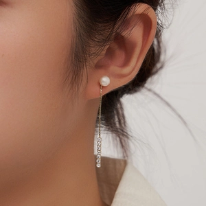 Elegant S925 sterling silver drop earrings with white round pearl and gold chain tassel