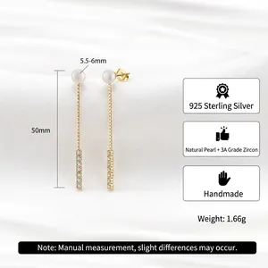 Handmade S925 sterling silver drop earrings with natural pearls and 50mm length details