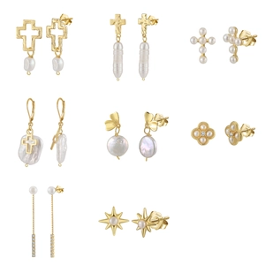 925 Argent Fin Tige De Boucle D'oreille Plaqué Or Süßwasserperle De Culture Baroque Boucles D'oreilles Collier Bague Croix Bijoux