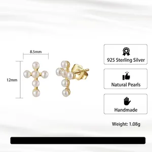 Handmade S925 sterling silver cross earrings with natural pearls in gold finish