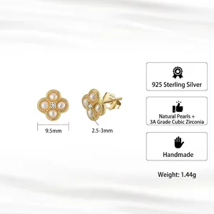 Boucles d'oreilles trèfle en argent S925 avec perles naturelles et zircons brillants