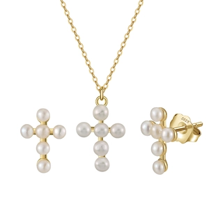S925 Sterling Silver Cross Freshwater Pearl Earrings Necklace 14K Gold Plated Religious Fashion Jewelry For Women