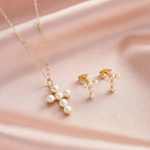 S925 sterling silver cross jewelry set with natural pearls on elegant pink silk