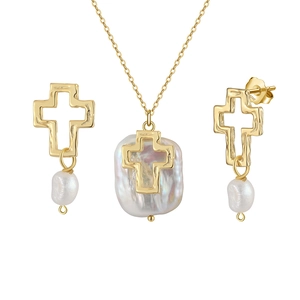 Parure de bijoux en argent S925 doré avec croix ajourée et pendentifs en perles baroques