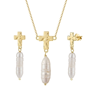 Parure bijoux en perles baroques avec collier croix martelée et boucles d'oreilles S925