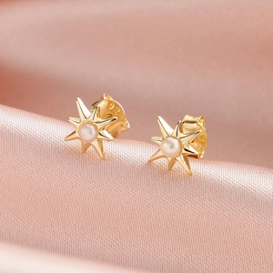 S925 sterling silver gold plated octagram stud earrings with white natural pearls