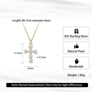 Elegant S925 sterling silver cross necklace with natural white pearls and 18K gold plating