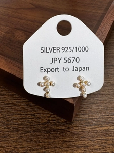 Detailed macro view of S925 silver cross stud earrings with round white pearls