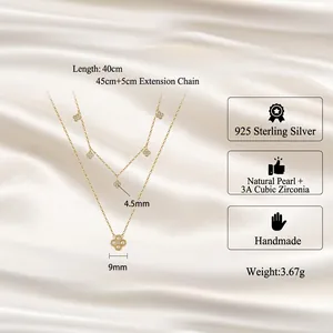 Collier double rang en argent 925 avec pendentif trèfle et perles d'eau douce naturelles