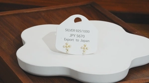 Detail of S925 silver gold-plated cross earrings with small white inlaid pearls