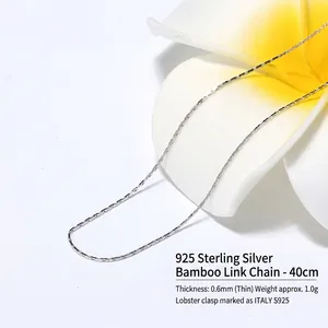 Elegant S925 sterling silver bamboo chain necklace 40cm with lobster clasp and floral decor