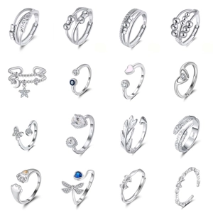 Collection of S925 sterling silver adjustable rings with various sparkling designs