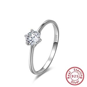 Classic six-prong S925 sterling silver ring with a sparkling round-cut zircon stone