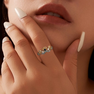 S925 sterling silver open ring with freshwater pearls and blue stones on model
