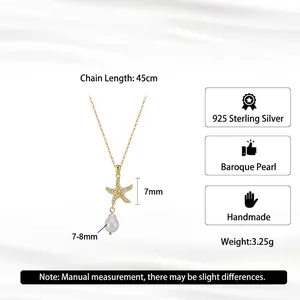 Handmade 925 sterling silver starfish pendant necklace with fresh water baroque pearl