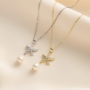 Starfish pendant necklace with 3A zircon and freshwater pearl in silver and gold
