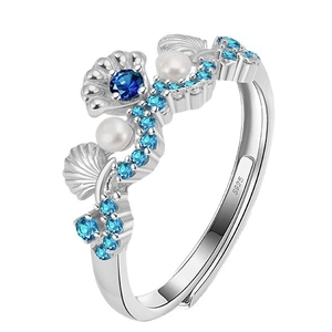 Offener S925 Silberring mit blauen Zirkonen und Perlen im Muschel-Design