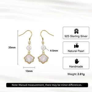 14K gold-plated shell earrings with natural pearls and 925 silver hooks (35x13mm)