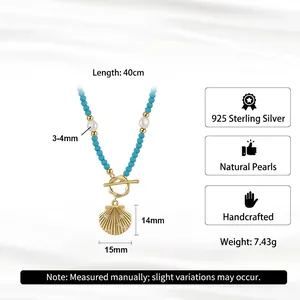 S925 silver turquoise necklace with natural pearls and golden shell pendant on white silk