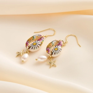 Macro detail of S925 silver earring with daisy print shell and teardrop pearl on silk