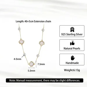 S925 silver gold necklace with white shell pendant and natural freshwater pearls