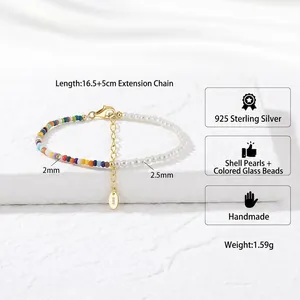 Handmade 925 silver beaded bracelet with white shell pearls and colorful glass beads