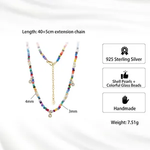 Collier en argent sterling S925 avec perles de verre colorées et perles de coquillage