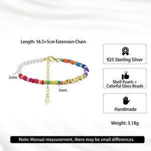 Handmade 925 sterling silver beaded bracelet with white shell beads and colorful glass