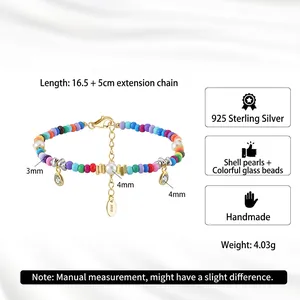 Bracelet fait main en argent 925 avec des perles en verre colorées et de nacre