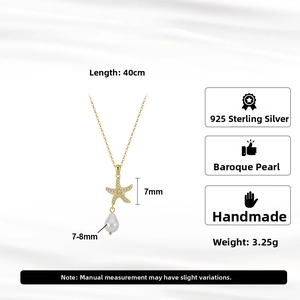 Detailed specs for a S925 sterling silver necklace with a white baroque pearl and starfish