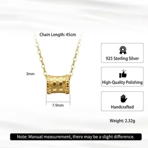 Polished S925 sterling silver honeycomb cylinder necklace with 45cm chain in golden finish