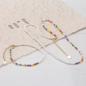 925 silver beaded bracelet and necklace set with white pearls and colorful seed beads