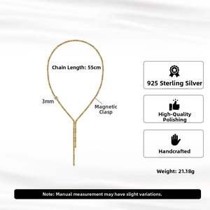 Detailed specs of 55cm gold-plated S925 silver Y-necklace with magnetic clasp and 21.18g weight