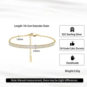 Minimalist S925 sterling silver tennis bracelet with 5A rectangular zircon stones
