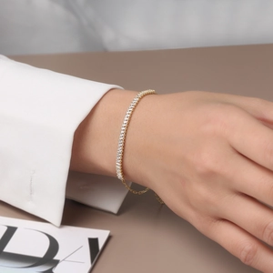 Minimalist S925 sterling silver gold bracelet with rectangular 5A cubic zirconia stones