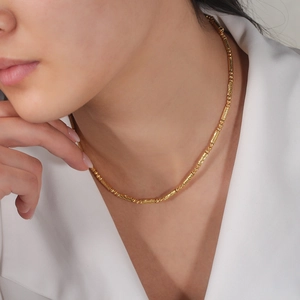 Elegant S925 sterling silver gold beaded necklace with textured cylindrical tube links