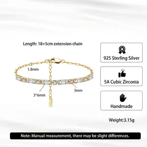 Elegant gold S925 sterling silver bracelet with white cubic zirconia in 18+5cm length