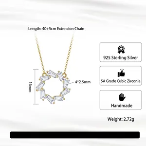 925 silver gold necklace with circular 5A zircon pendant on white silk background