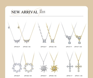 Macro view of 925 silver and 14k gold plated necklaces with diverse sparkling zircon pendants