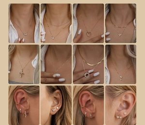 Detailed grid of 12 images showing gold necklaces and earrings with sparkling zircons