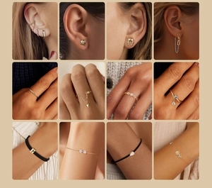 Collage showing 5A cubic zirconia rings, earrings and bracelets in minimalist S925 silver