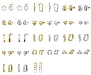 Detailed grid of S925 sterling silver and gold earrings with zircon stone accents