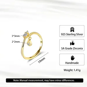 S925 sterling silver adjustable open ring with gold plating and teardrop zircon pendant