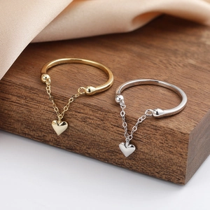 Minimalist S925 sterling silver adjustable rings with heart tassel chain in gold and silver