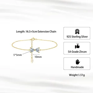 S925 sterling silver bow bracelet with heart-shaped cubic zirconia and 18K gold plating